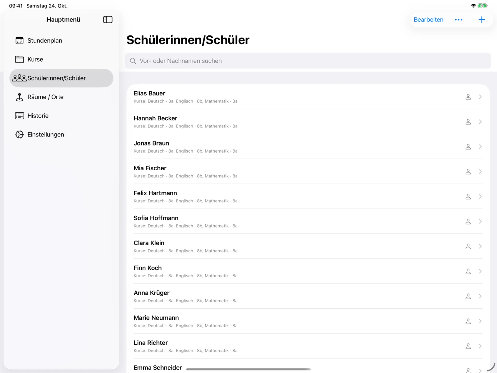 Schülerliste mit Suchfeld und Hinzufügen-Schaltfläche