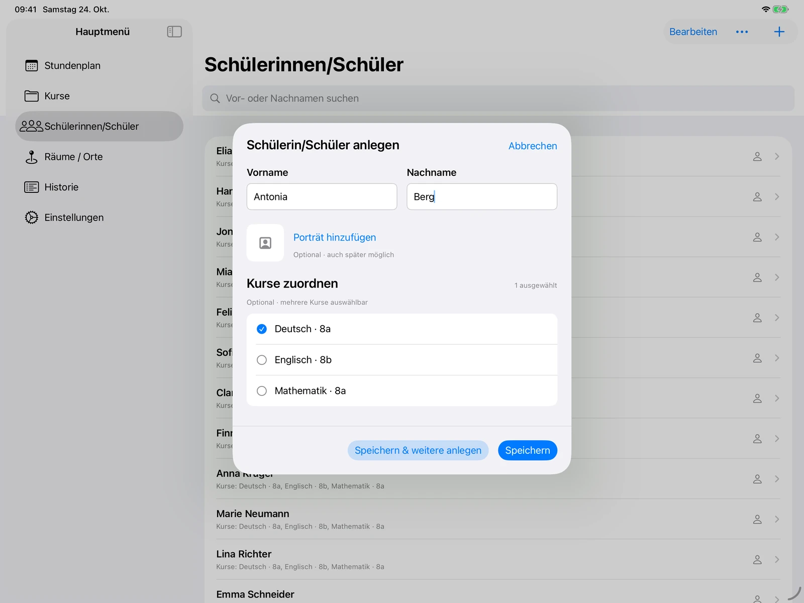 Formular Schülerin/Schüler anlegen mit Vorname, Nachname und optionaler Kurszuordnung