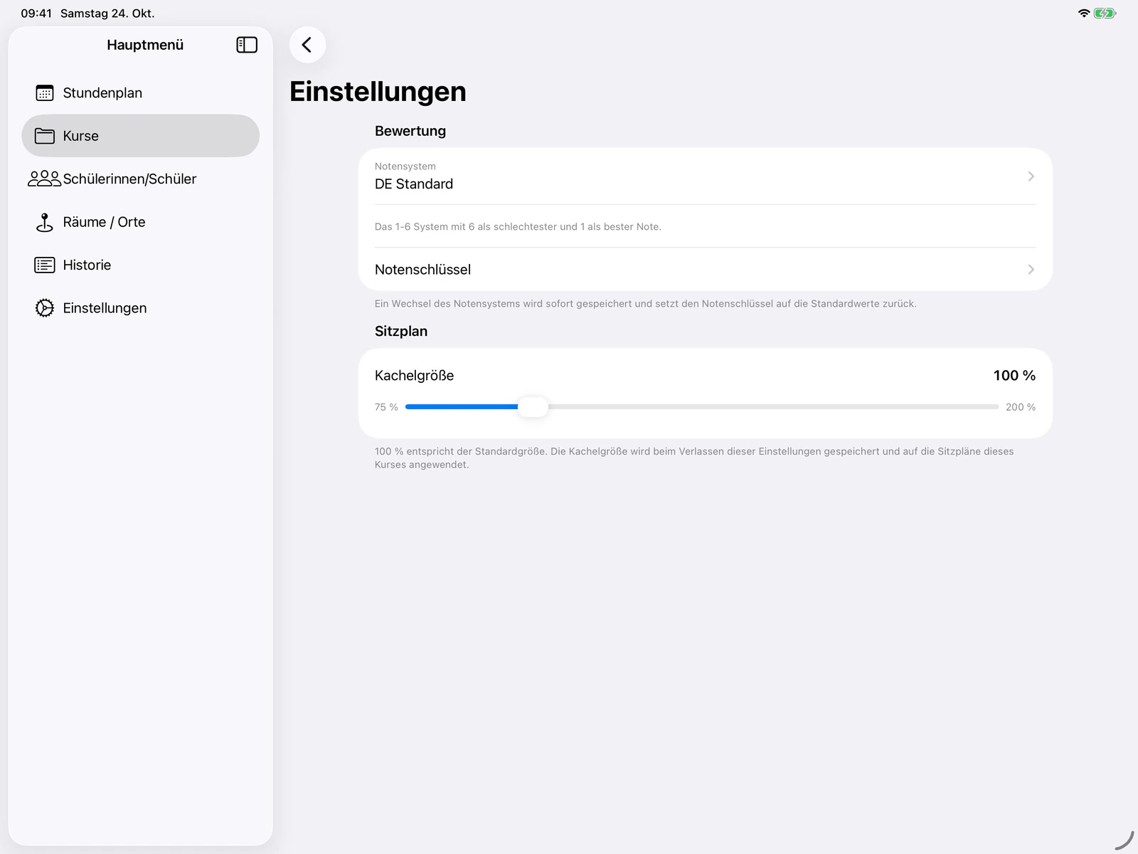 Kurseinstellungen mit Notensystem, Notenschlüssel und Kachelgröße