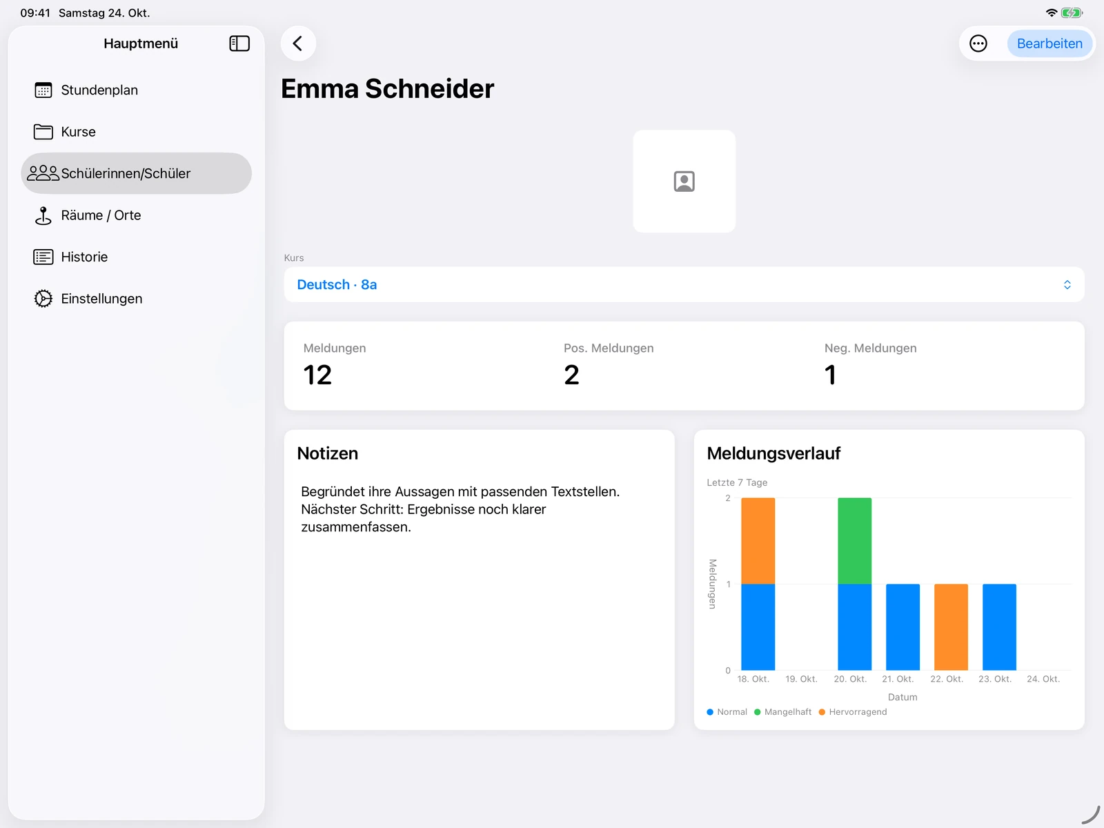 Schülerprofil von Emma Schneider mit Kursauswahl, Meldungen, Notizen und Verlauf