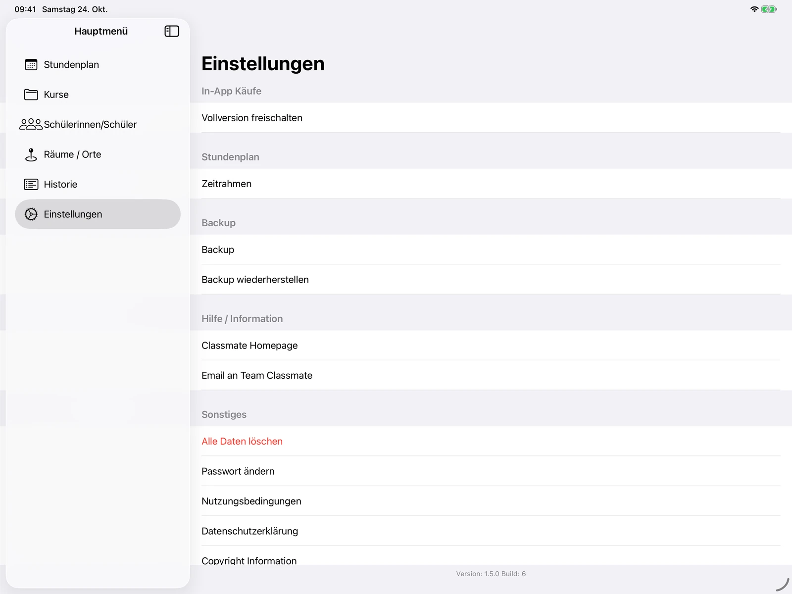 Classmate-Einstellungen mit Backup, Stundenplan, Hilfe und Passwortänderung