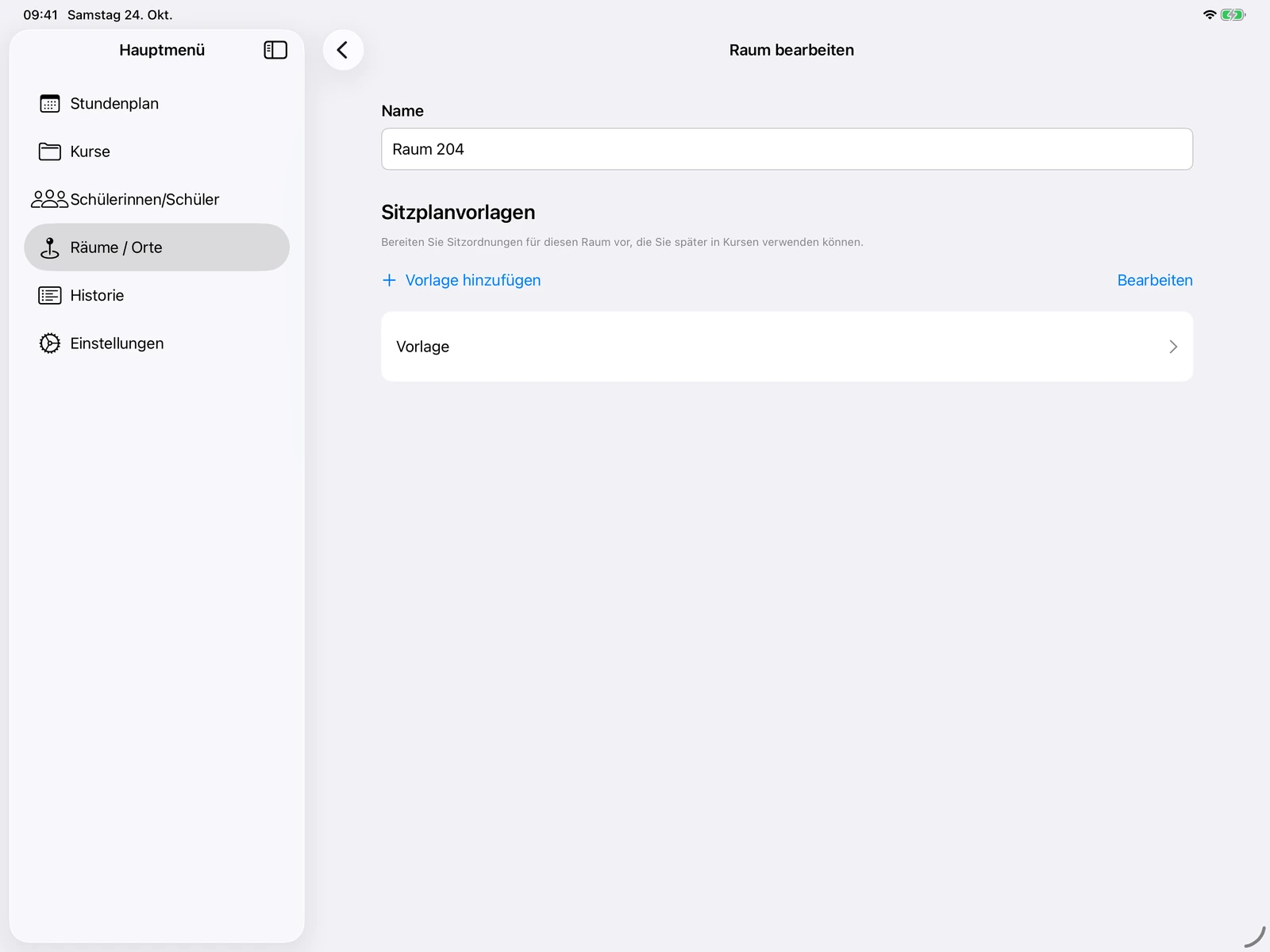 Raum bearbeiten mit Name und verfügbaren Sitzplanvorlagen
