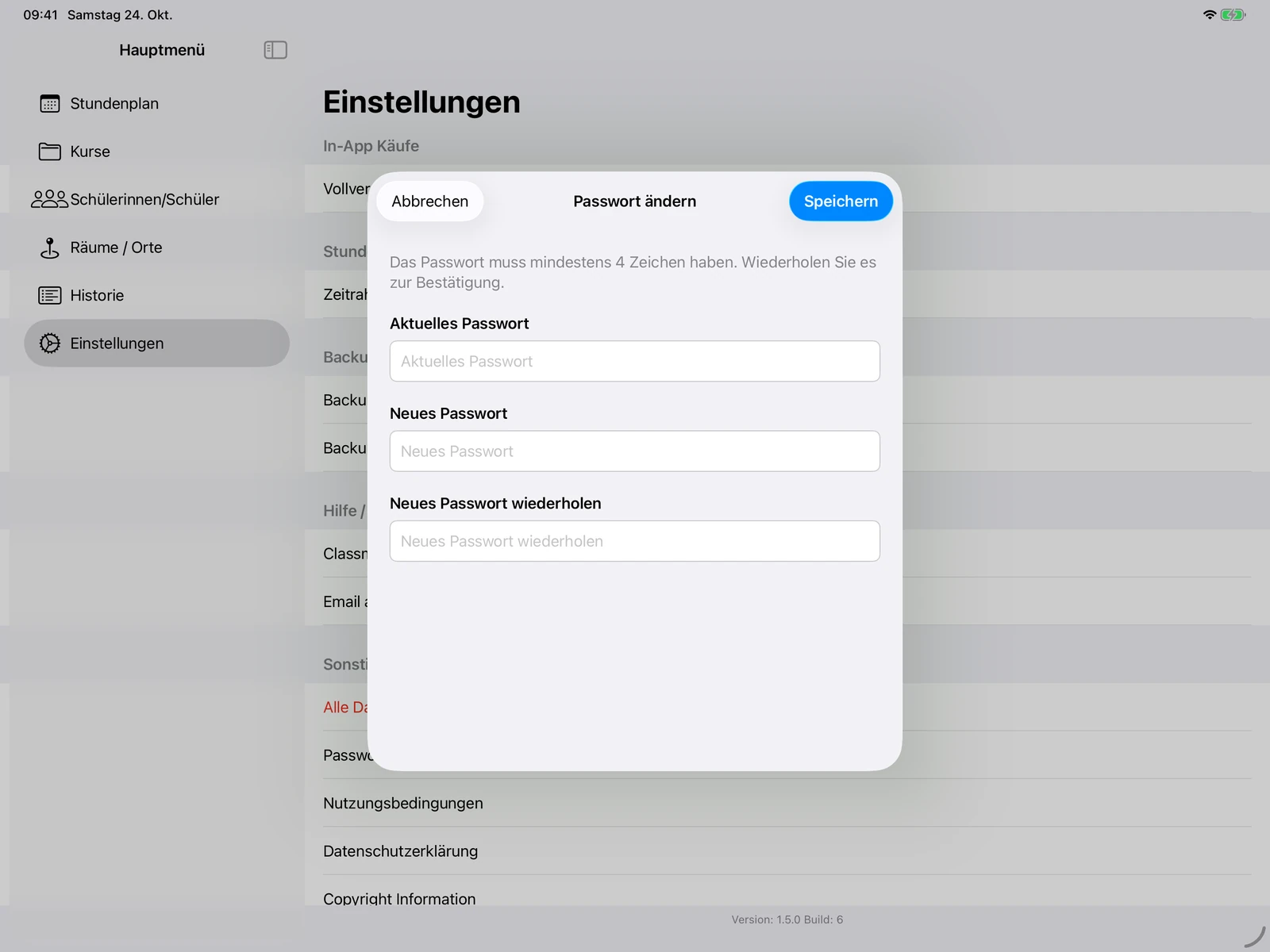 Passwort ändern mit aktuellem Passwort, neuem Passwort und Wiederholung