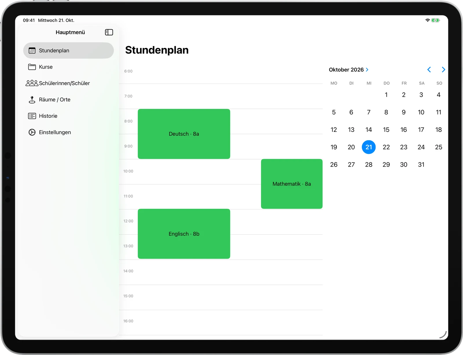 Classmate auf dem iPad: Stundenplan mit Deutsch, Mathematik und Englisch